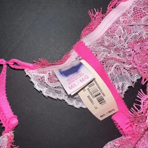 NWT Victoria's Secret M/L GARTER Belt PINK White Chantilly Lace Crystallized